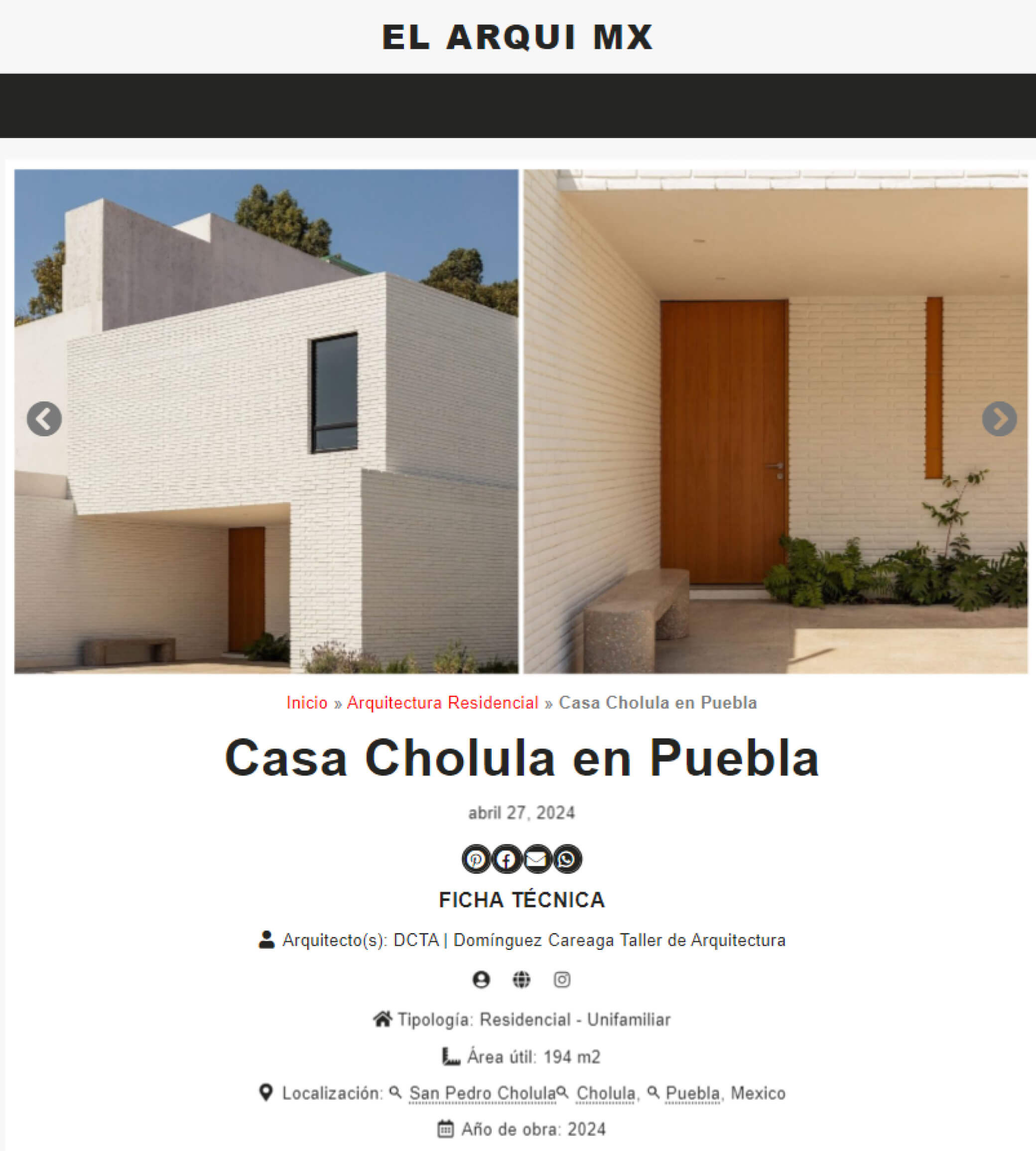 Publicación de Casa Cholula en El Arqui